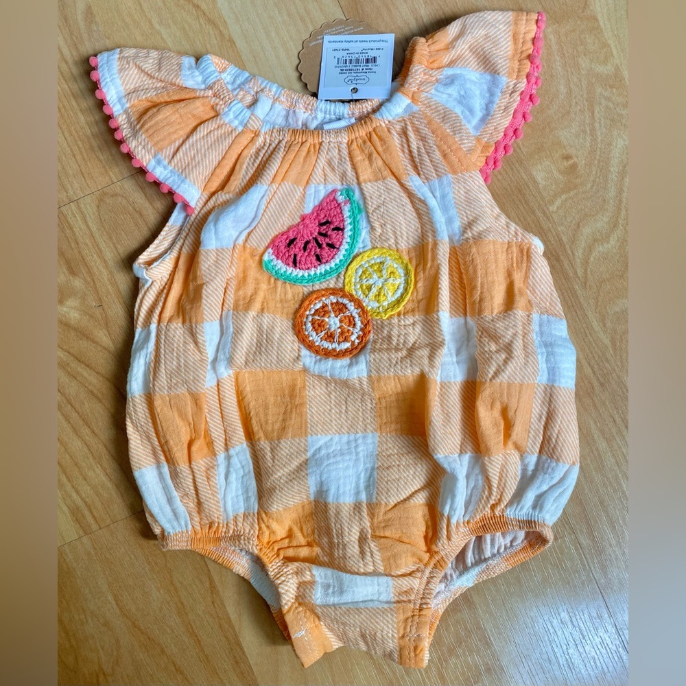 Baby Girl MudPie Brand Gingham Print Fruit Embroidered Bubble Outfit